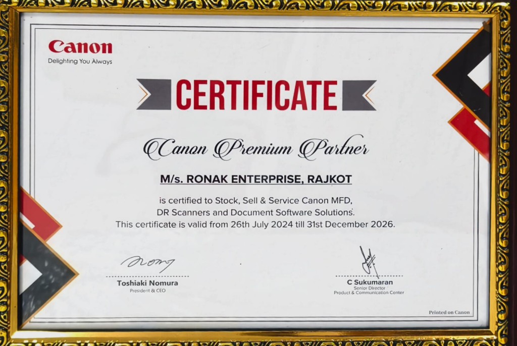 Canon Premium Partner certificate for M/s. Ronak Enterprise, Rajkot