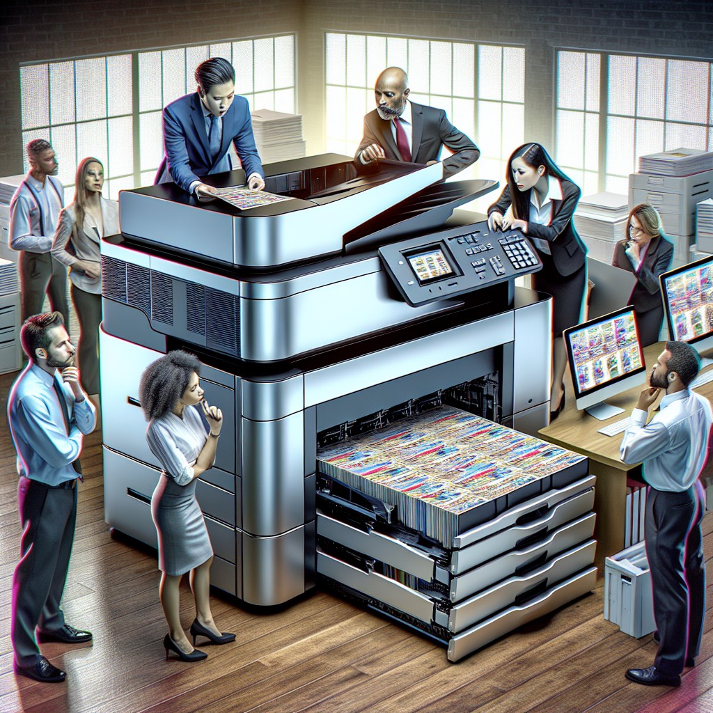 Modern office with Canon multifunction printer and professional team